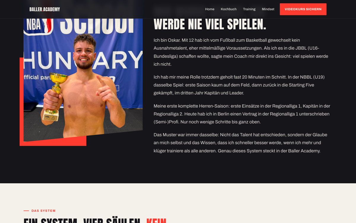 Abschnitt der Baller-Academy-Seite mit Bildstrecke