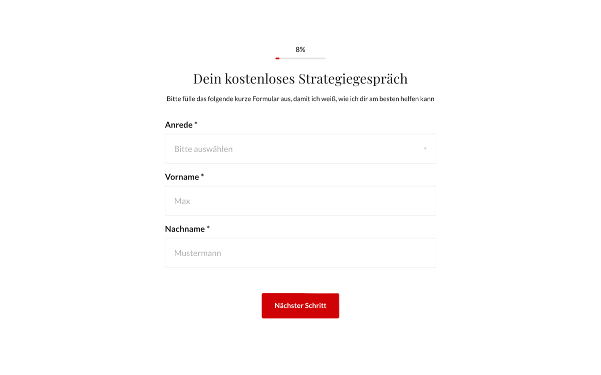 Funnel-Strecke von Project Beast, Schritt eins des Formulars