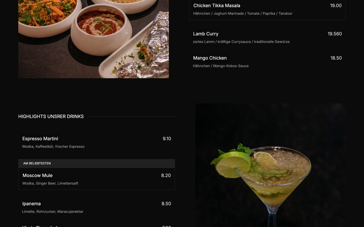 Reservierungsbereich der Website von Tikka und Tonic